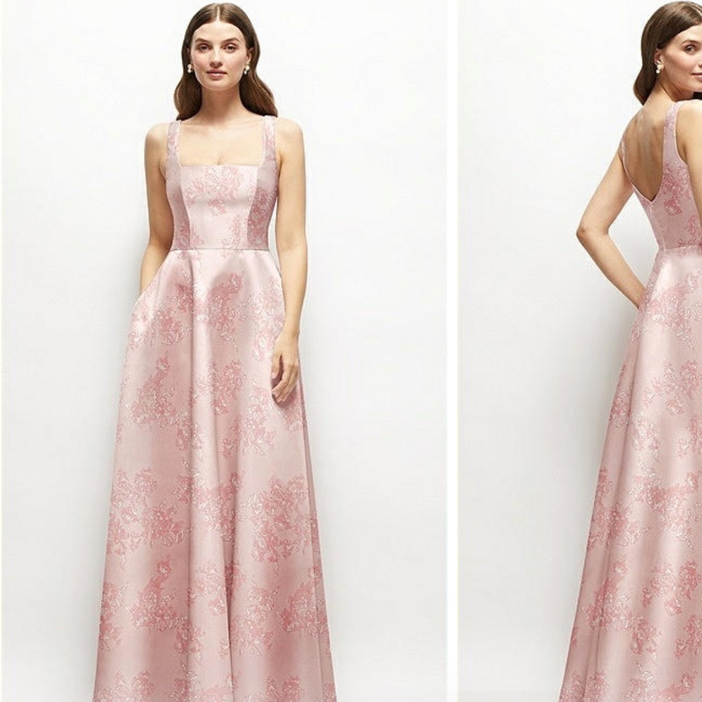 Dessy Collection Rose Pink Satin Twill Dress with Jacquard Bow-and-Blossom